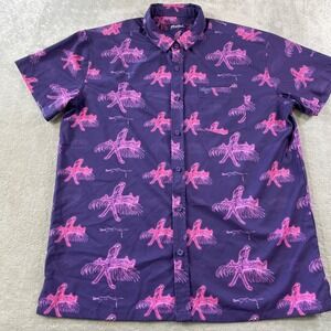 Retro Rifle Shirt Saws Macaws Mens XL Purple Neon Pink Tactical Hawaiian Stretch